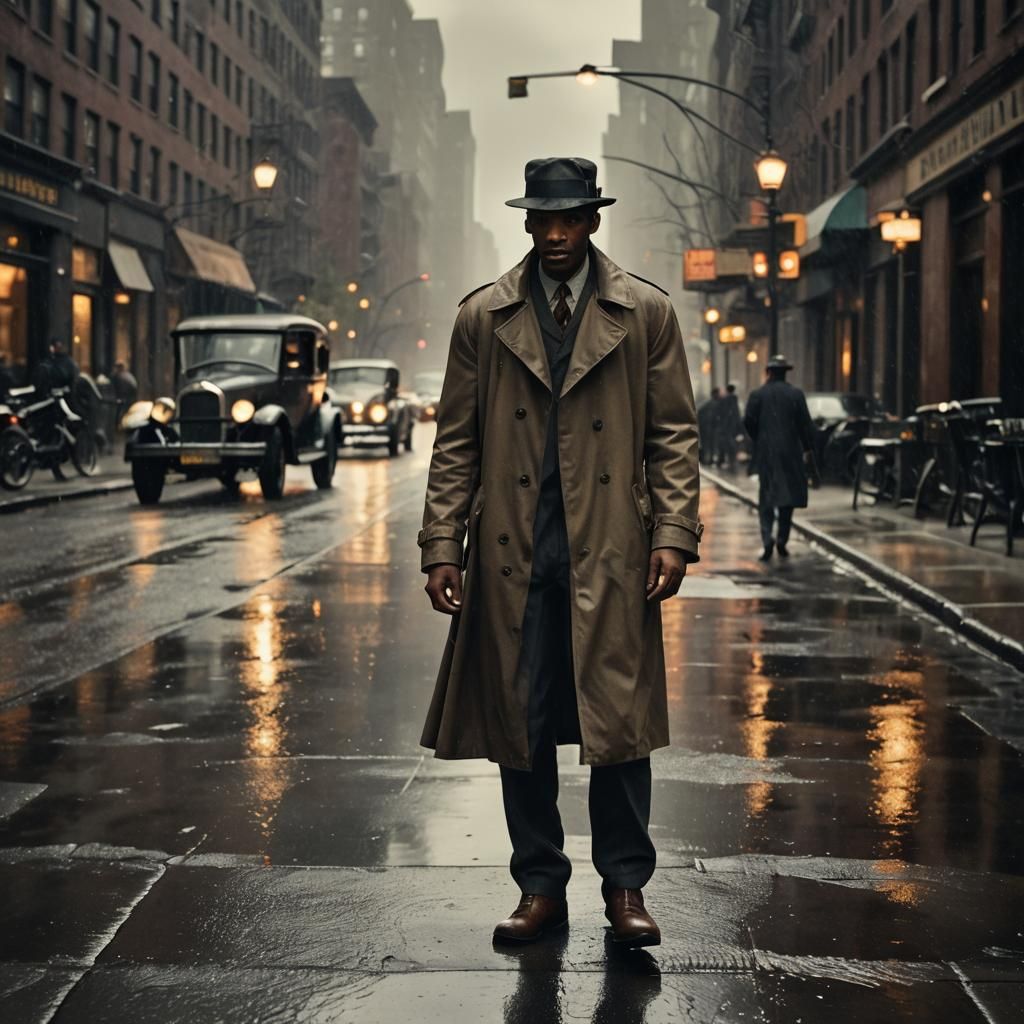 African American Man in 1920s Film Noir Scene