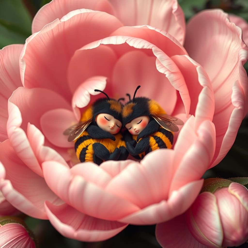 Fluffy Chibi Bumblebees in a Pink Peony