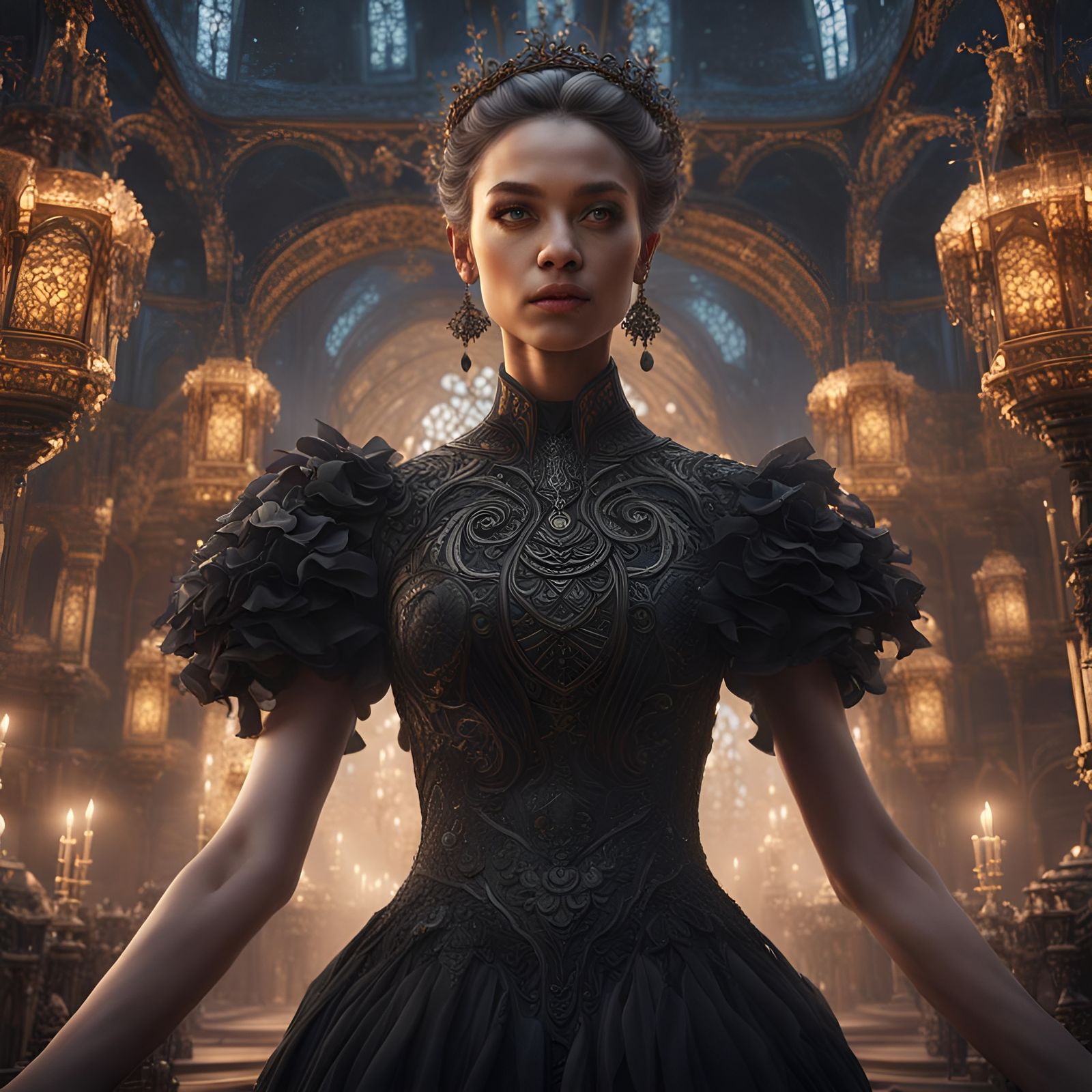 Woman in Intricate Black Dress, Detailed Matte Painting