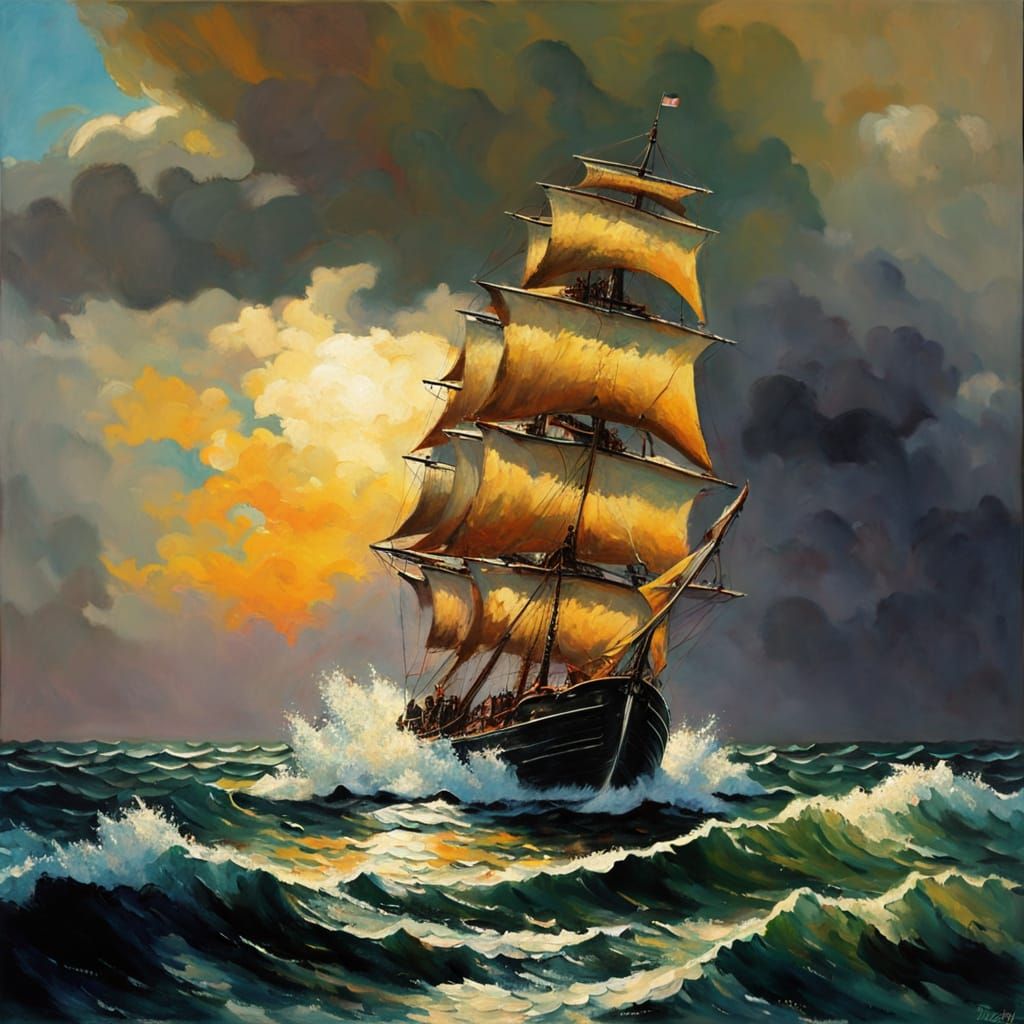Stormy Seas: A Tiny Boat's Epic Battle in Neo-Impressionism