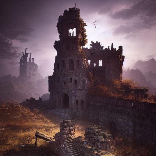 Surreal Bone Castle Ruins in Dark Fantasy Style