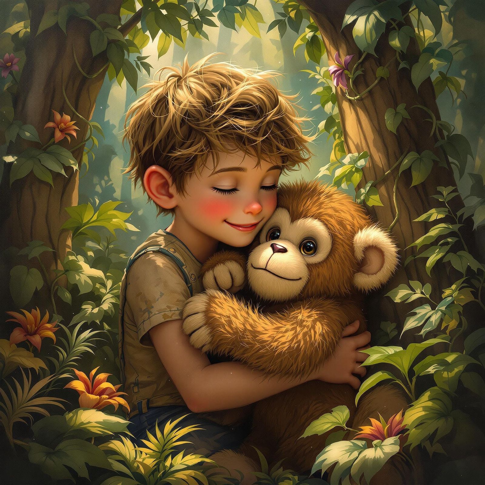 Whimsical Jungle Scene with Teddy Monkey