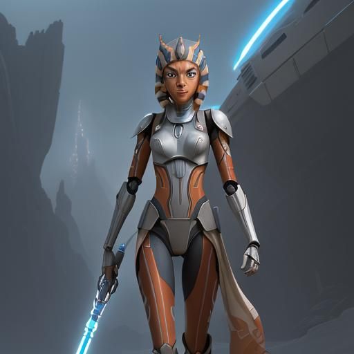 Ahsoka with Robotic Arms in Anime Style
