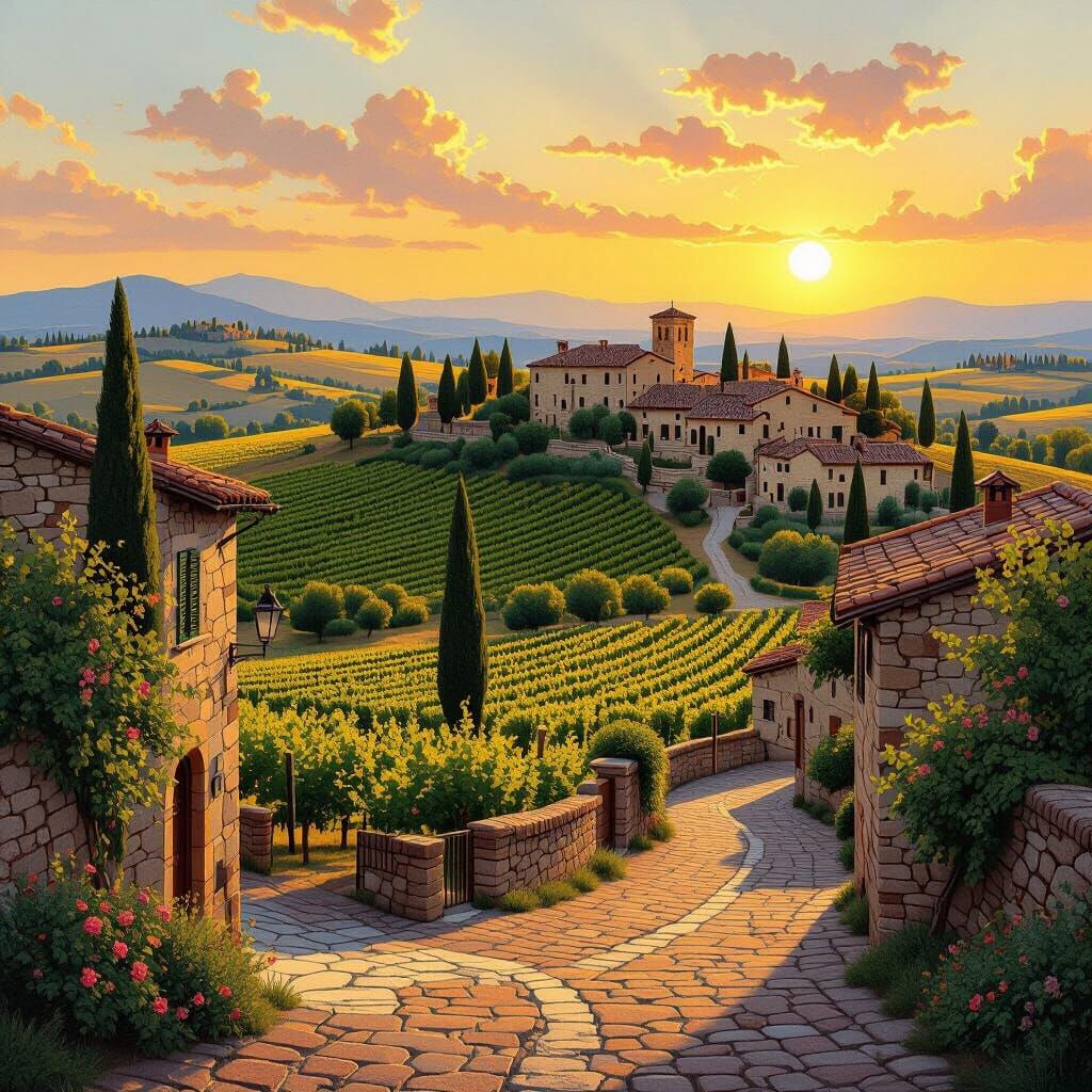 Tuscan Village at Golden Hour, Renaissance Landscape