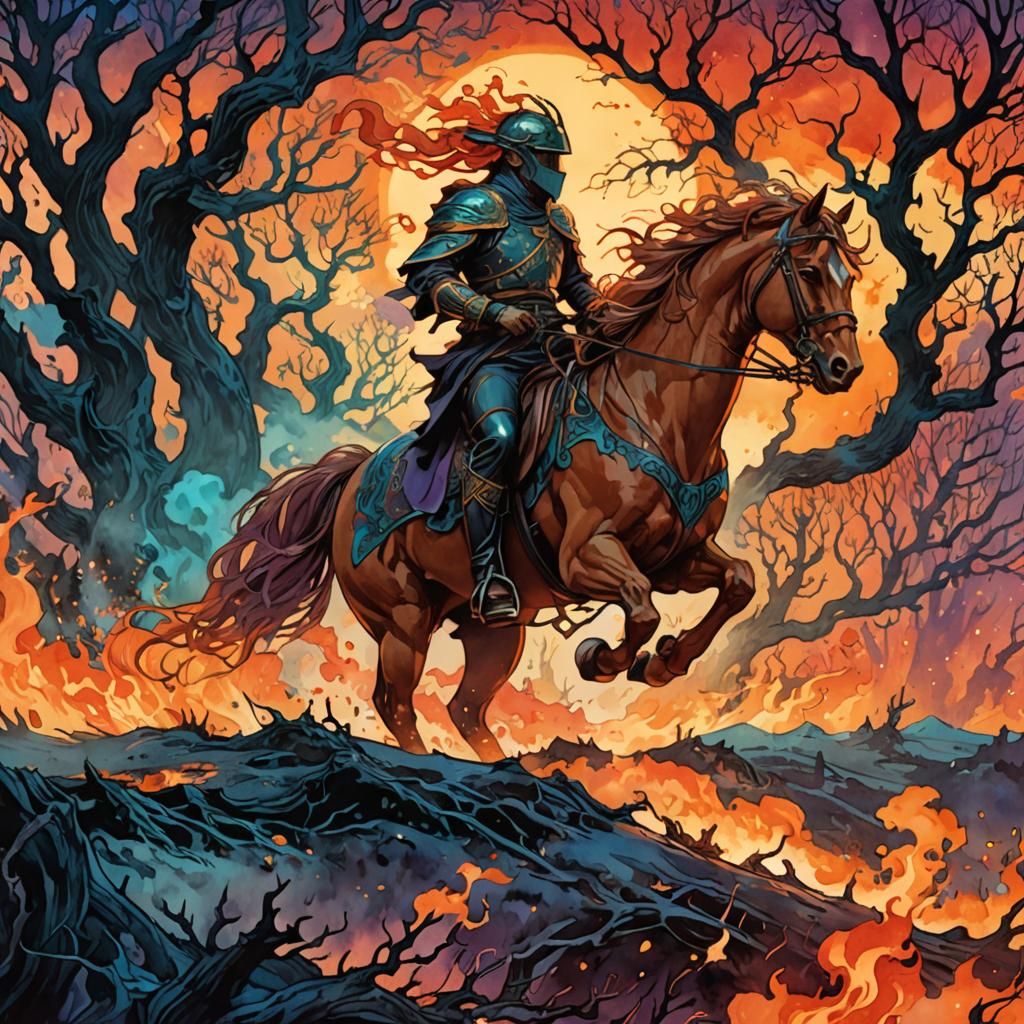 Cursed Horseman in Hellscape, Art Nouveau Style