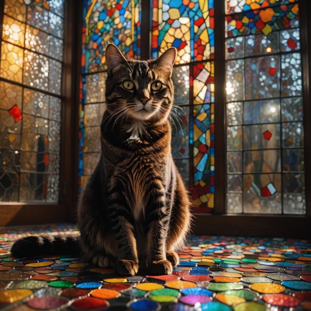 Black Tabby Cat and Rainbow Stained Glass, Film Noir