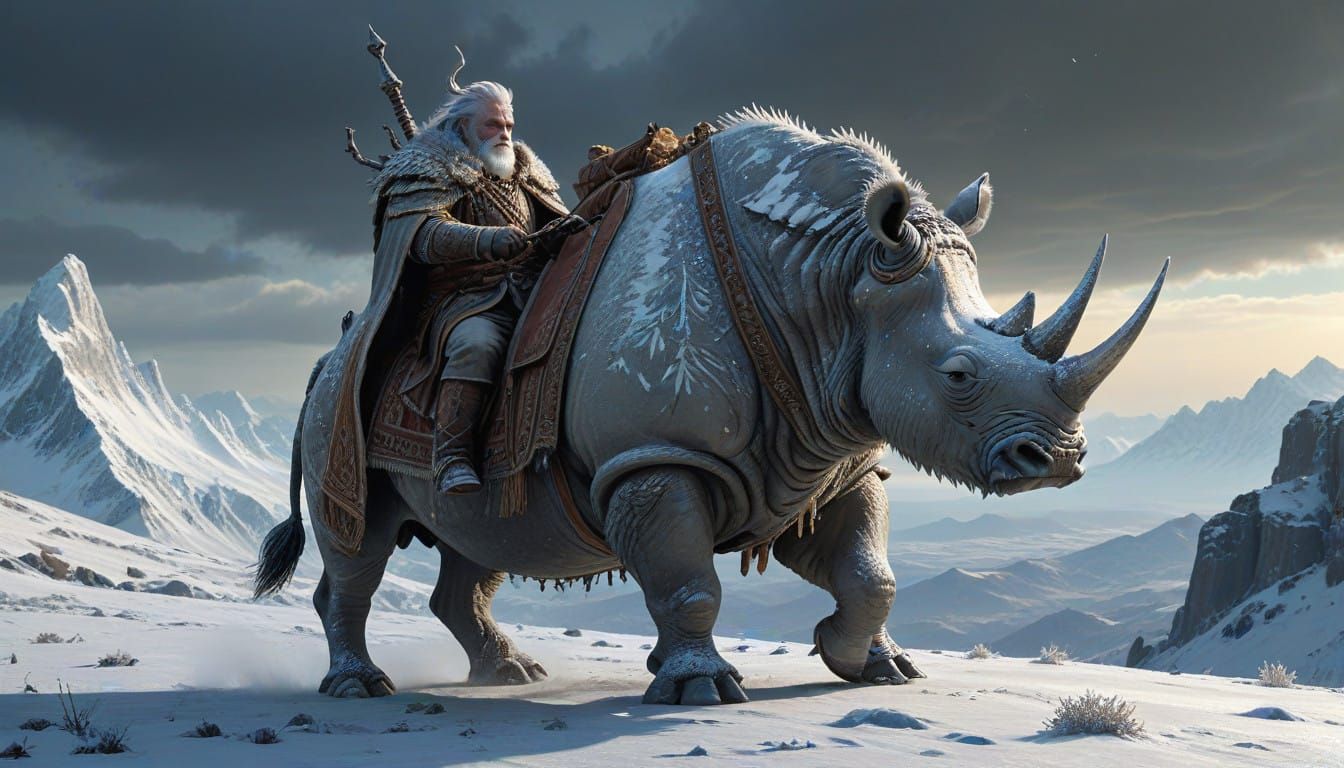 Regal Winter King Rides Frost-Covered Rhinoceros Under Starr...