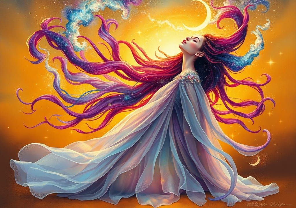 Celestial Woman in Flowing Gown Kneeling in Wonder