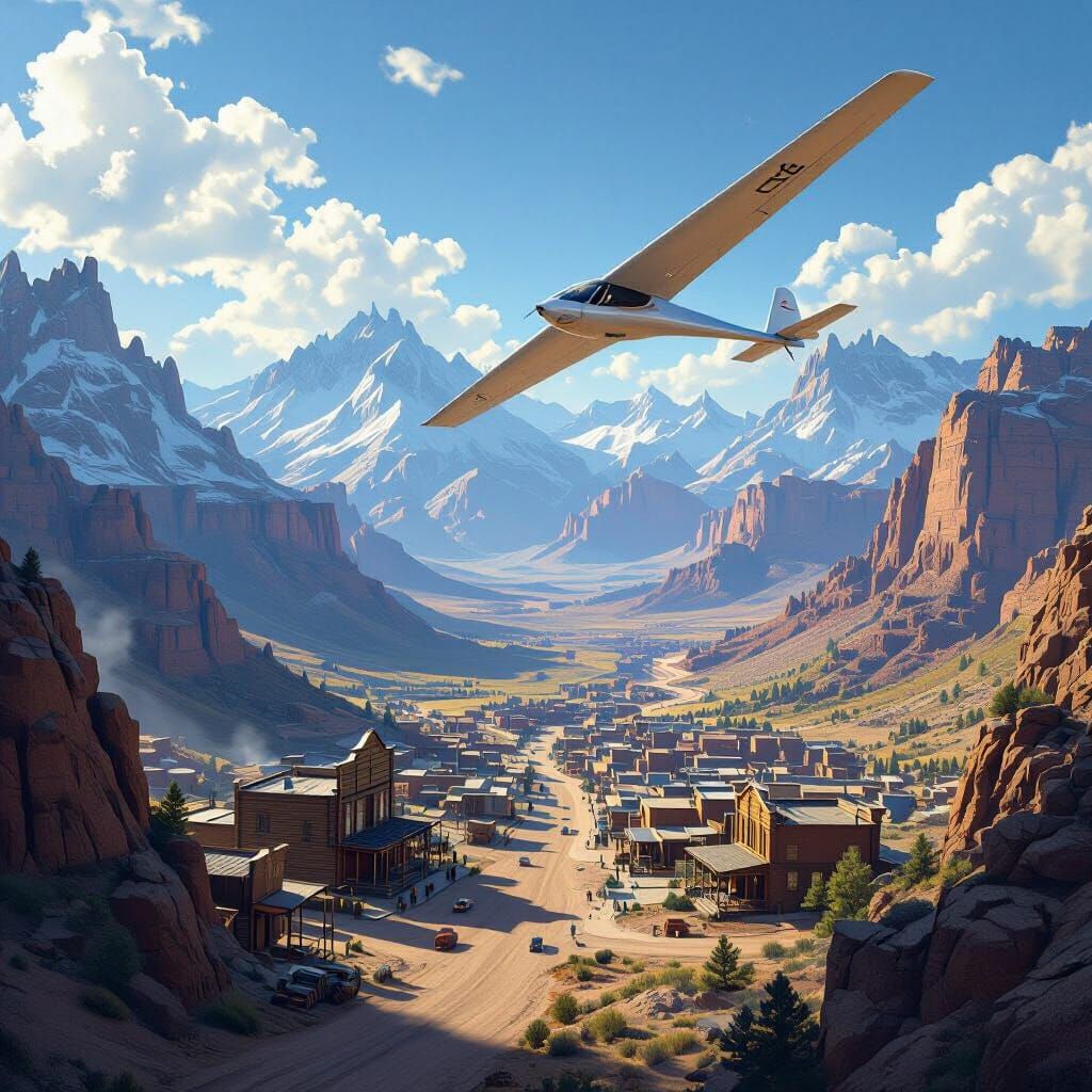 Glider Pilot Over Western Town, Digital Matte Painting