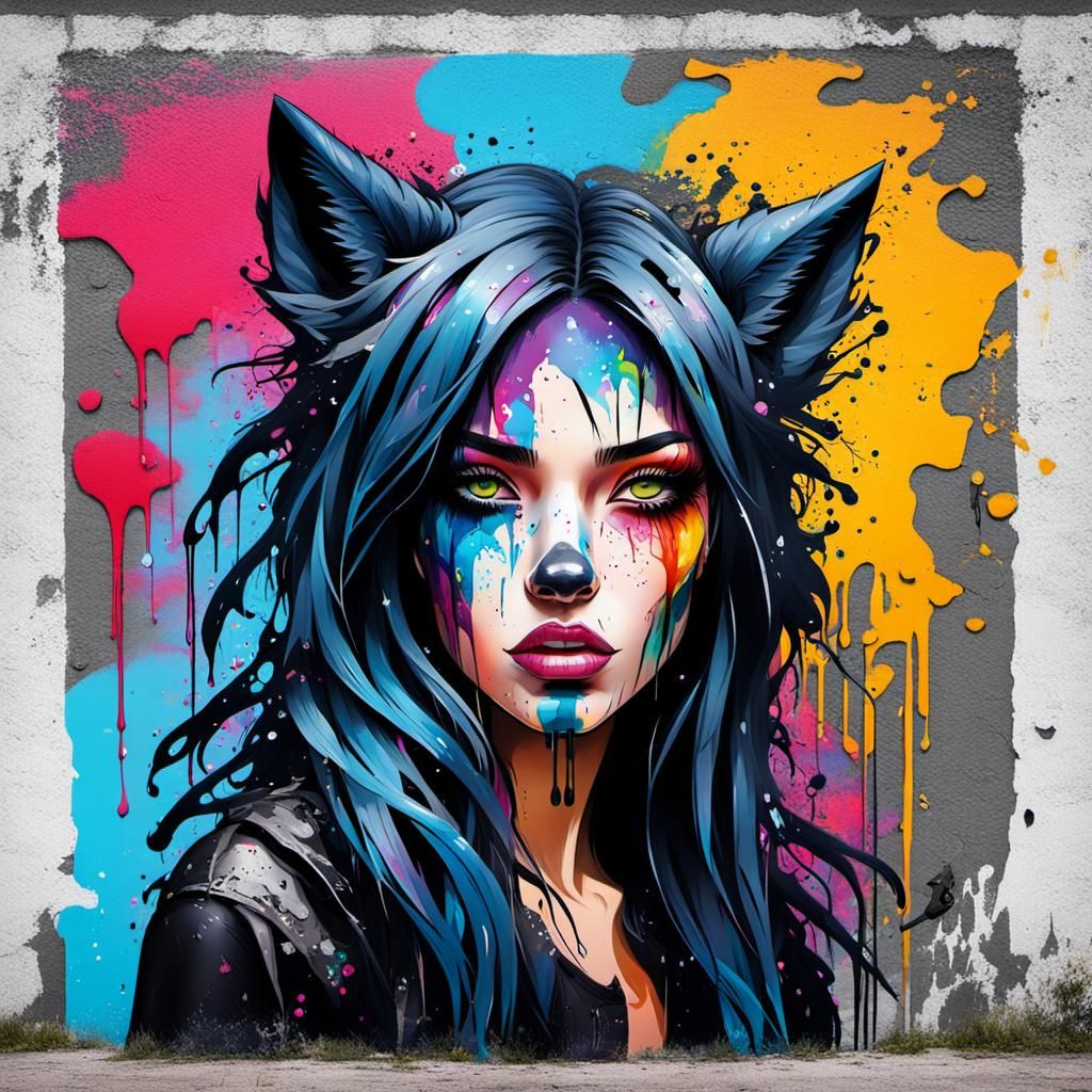 Beautiful Black-Haired Wolfgirl as Graffiti Art