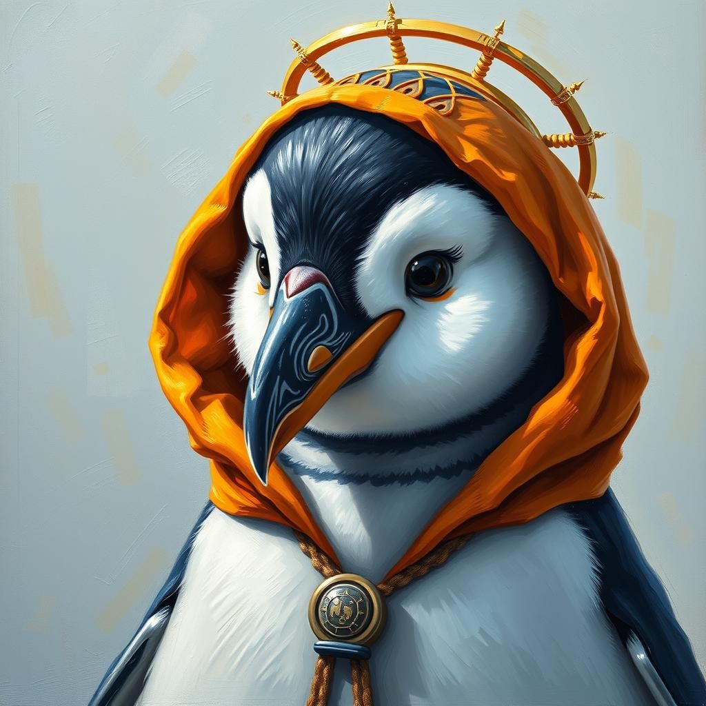 Penguin Saint in Detailed Oil Painting
