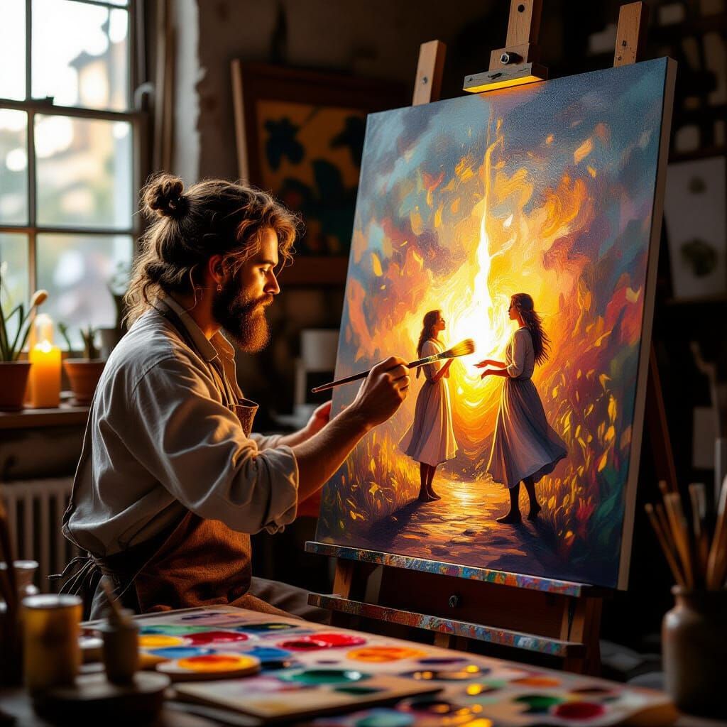Artist Paints Living Light in Candlelit Studio
