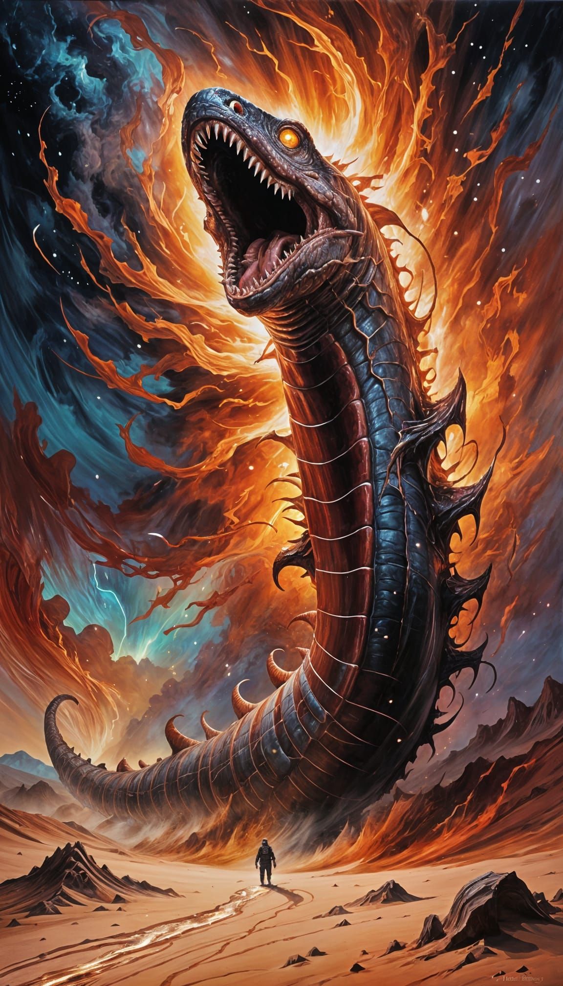 Cosmic Sandworm Emerges from Crimson Dunes in Vibrant Oil Pa...