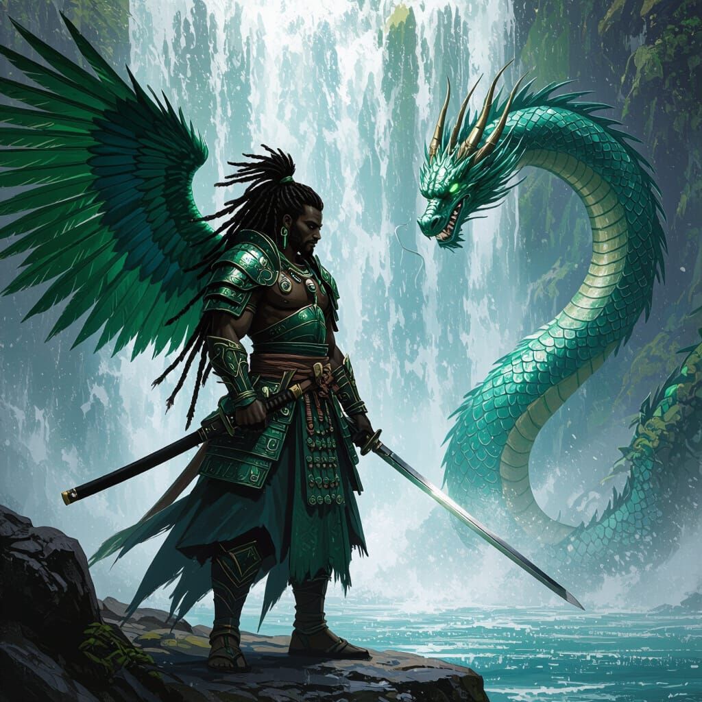 African Samurai Warrior with Wings and Dragon at Waterfall