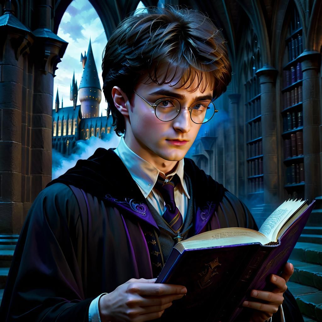 Harry Potter with a Book on the Hogwarts Grounds