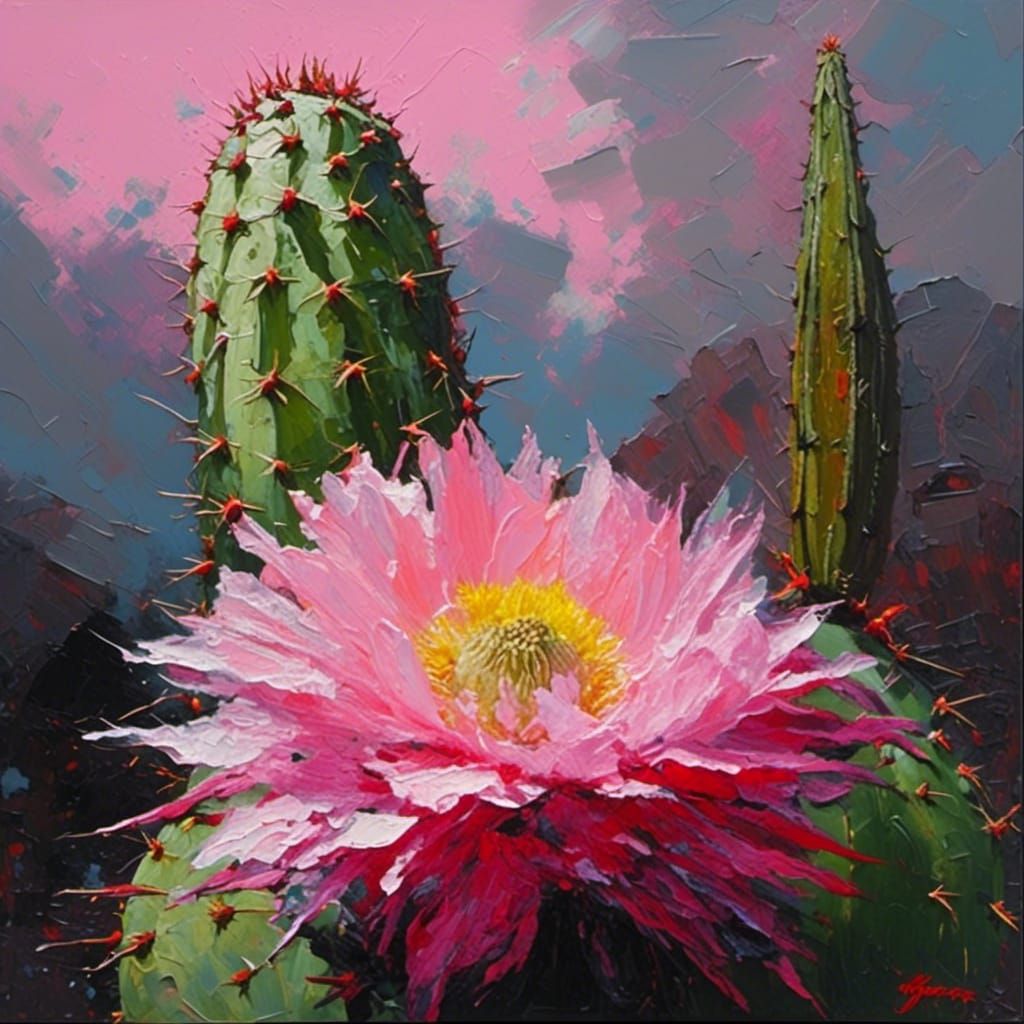 Pink Echinopsis Flower Impasto Oil Painting