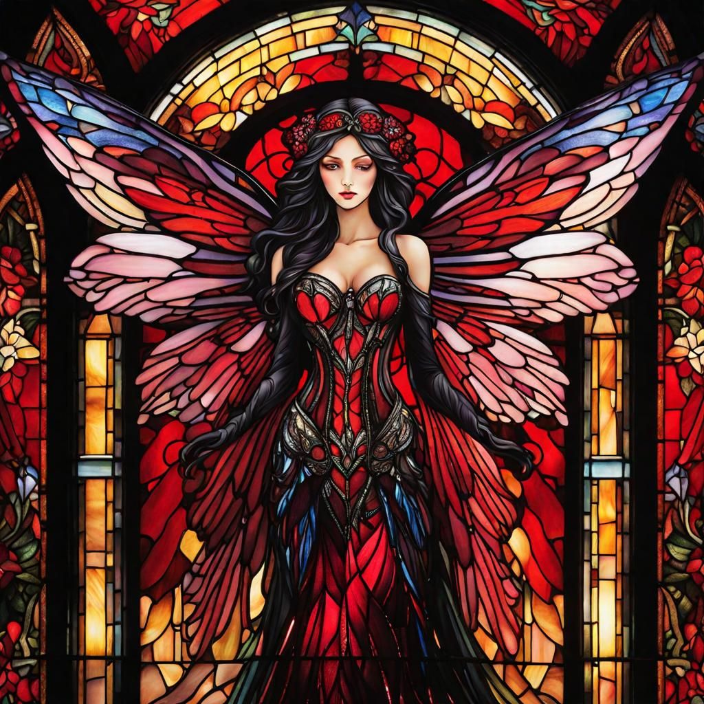 Stained Glass Gothic Fairy with Glittery Wings