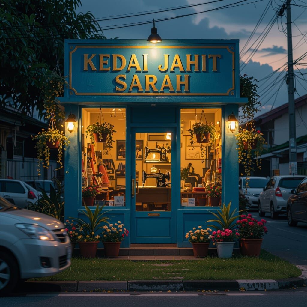 Cozy Blue Tailor Shop at Dusk