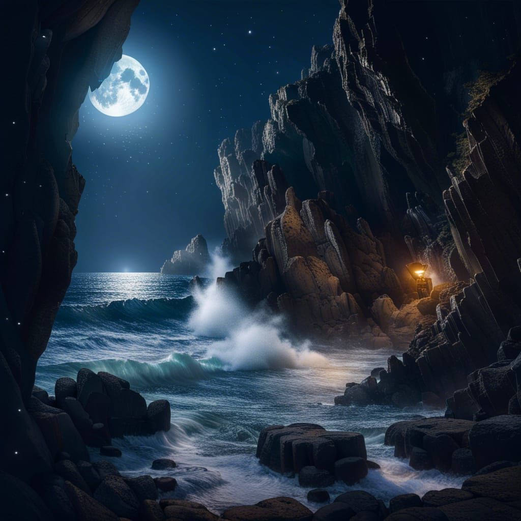 Moonlit Waves Crash on Rocky Shoreline Cave