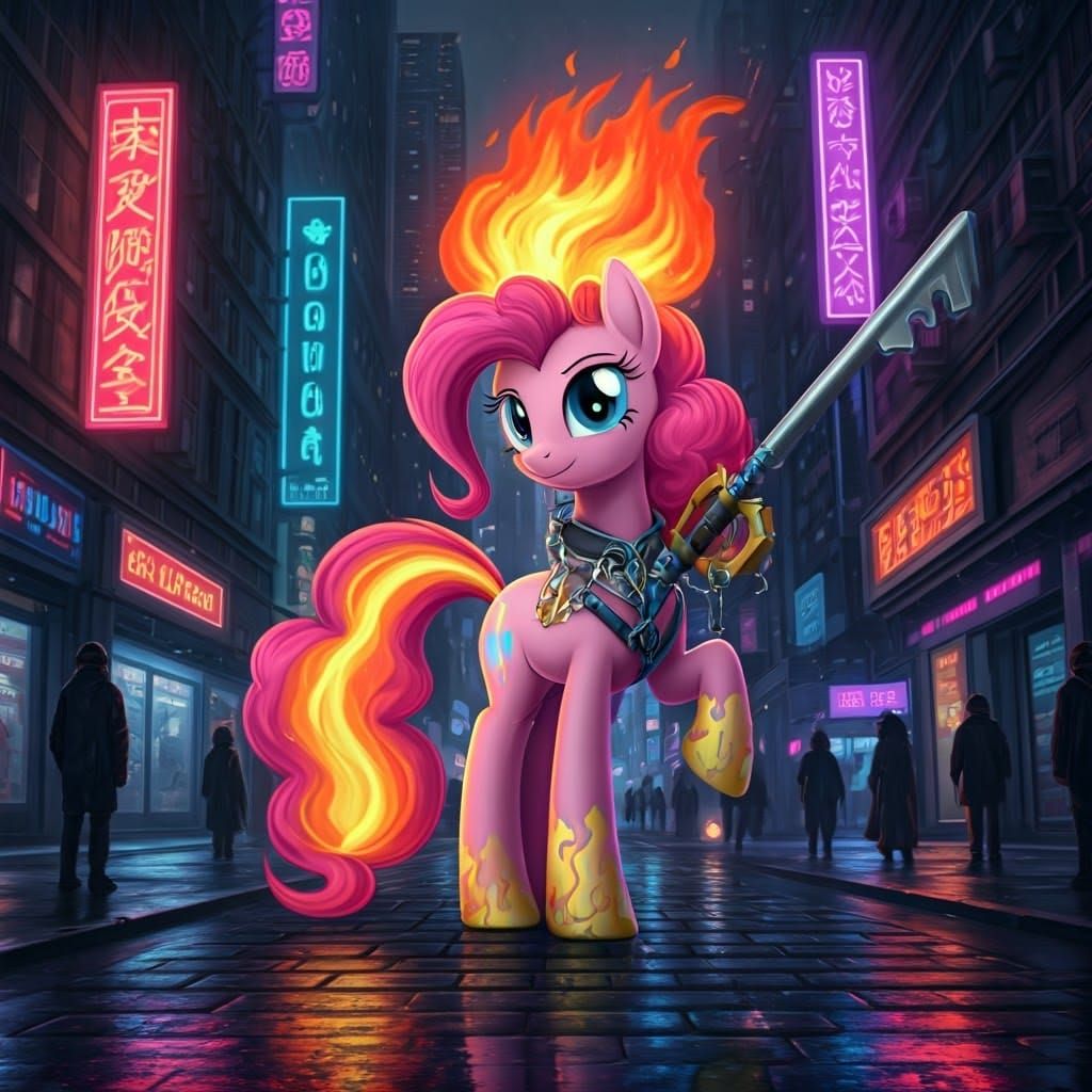 Cyberpunk Fire Mage Pinkie Pie Wields Keyblade in Neon City