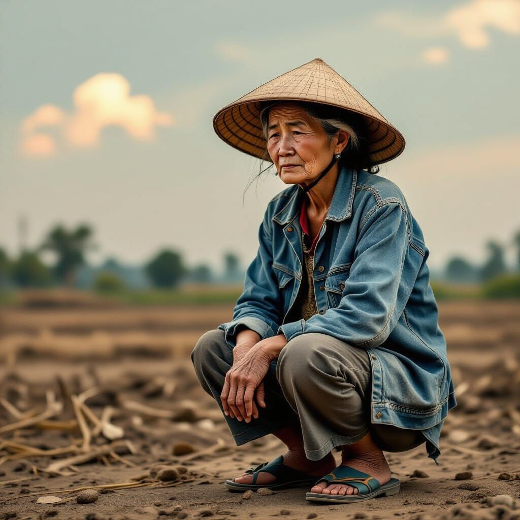 Sorrowful Vietnamese Woman in Barren Landscape
