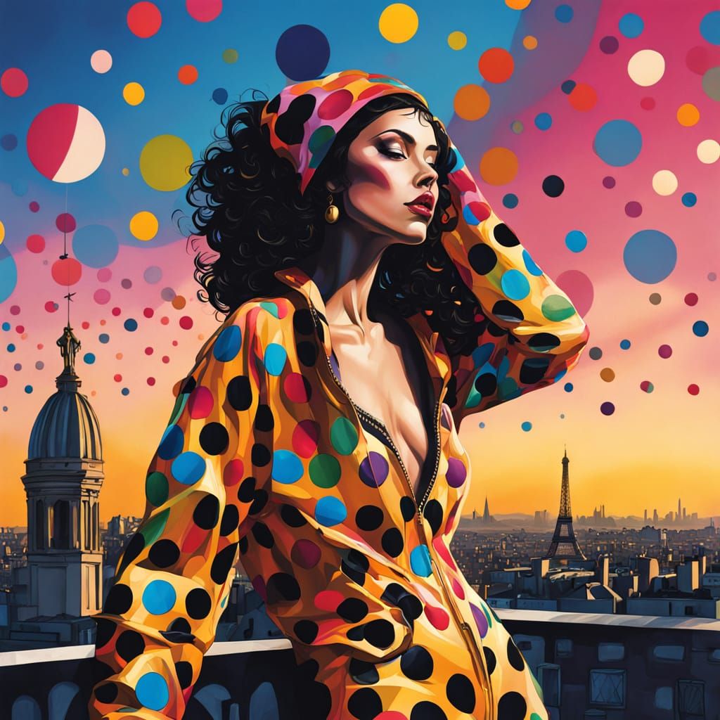 Sad Harlequin on Paris Rooftop in Surrealist Style