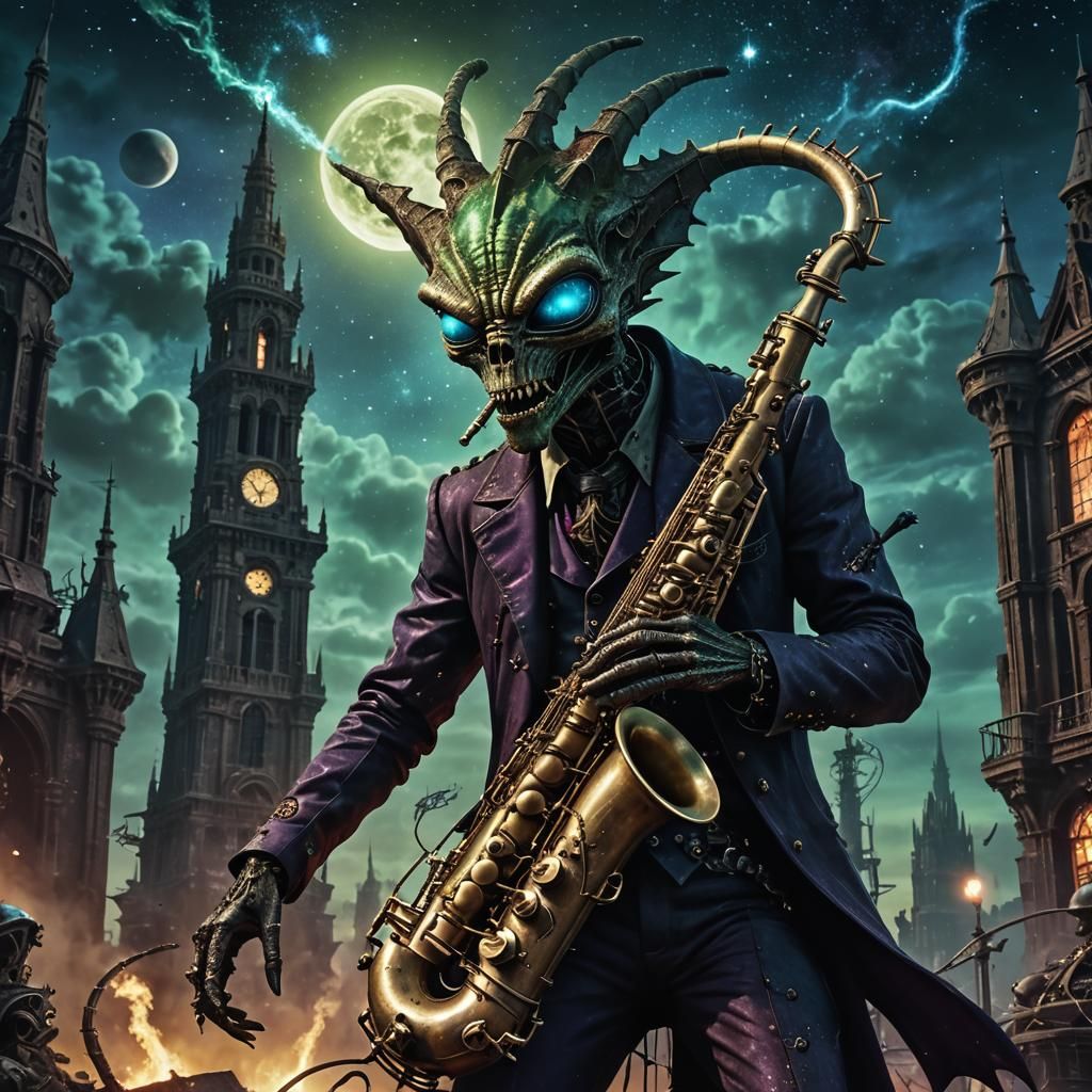 Alien Saxophonist in Gothic Steampunk Tower