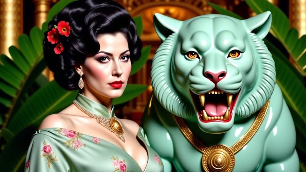 Gothic Woman in Kimono by Tiger Statue