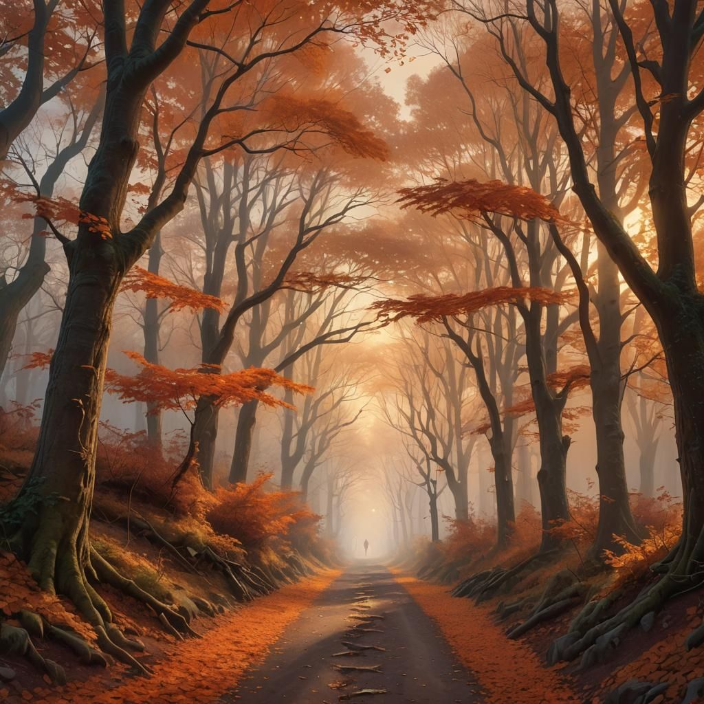 Ethereal Autumn Forest Path at Sunset: Digital Art