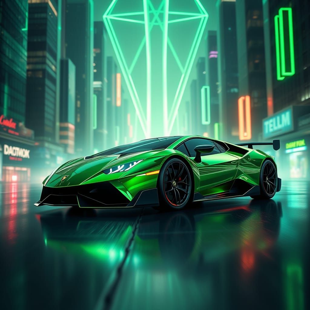 Sleek Neon Lamborghini Speeds Through Futuristic Cityscape