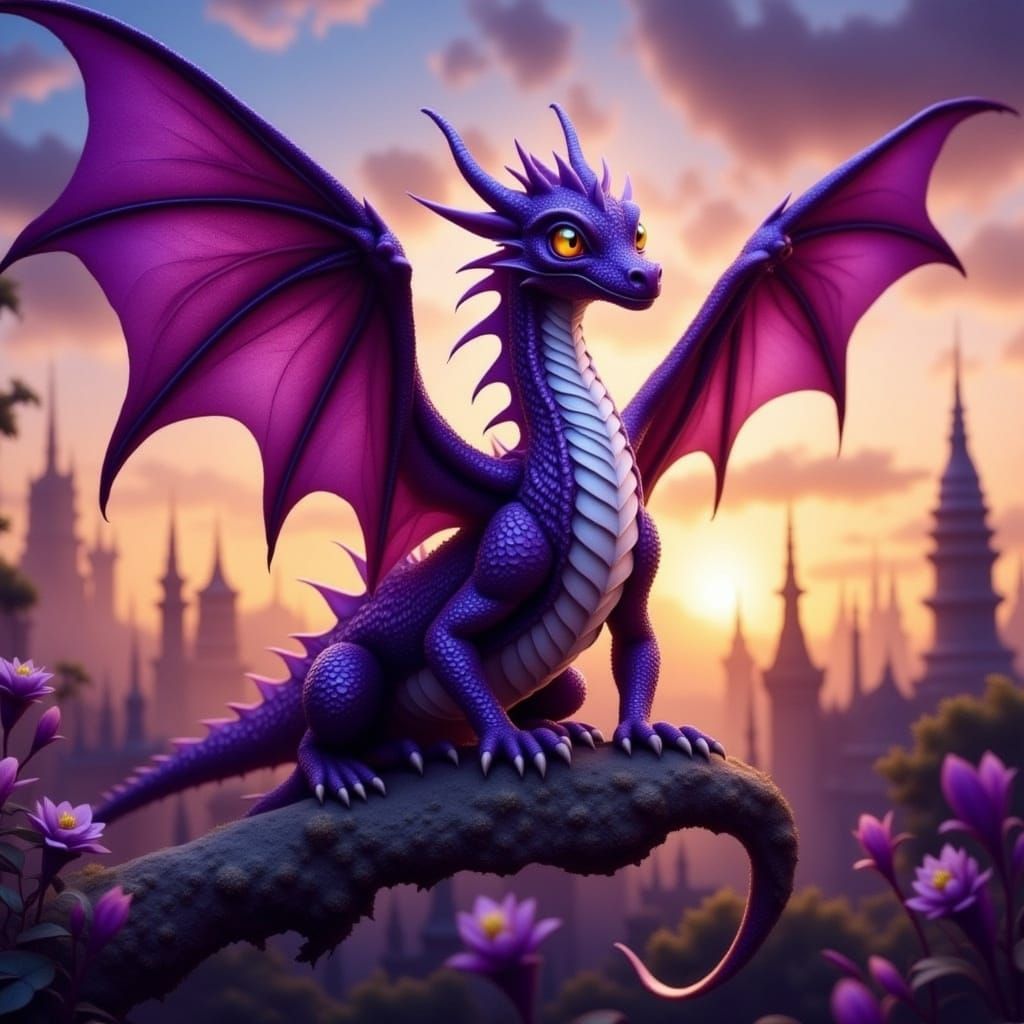 Purple Dragon Soars at Sunset in Hyperrealistic Art