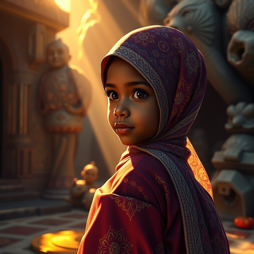 Girl in Vibrant Hijab, Boy by Her Side, in Fantastical Envir...