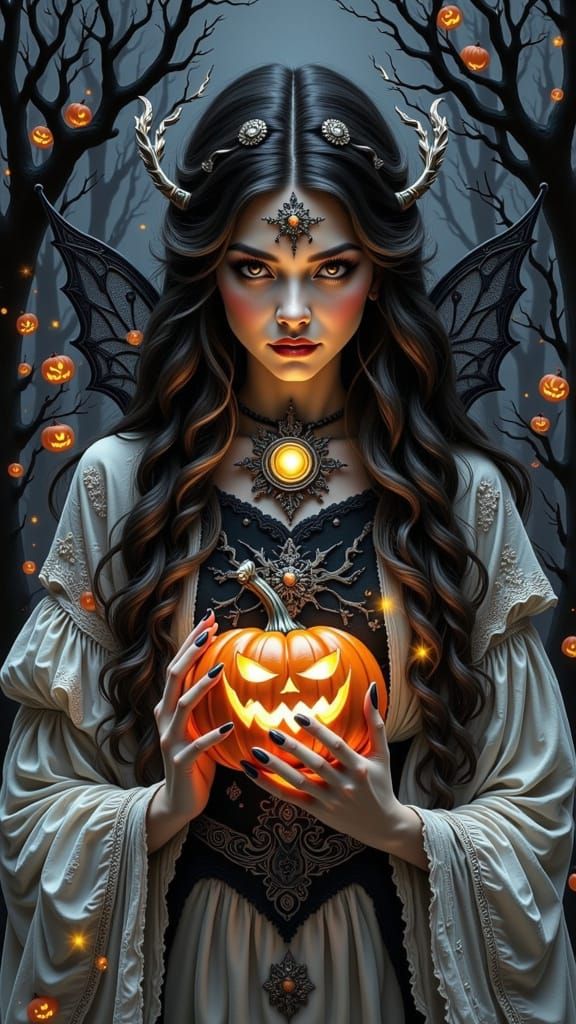 Goddess of Halloween Holding Magical Jack-o-Lantern in Hyper...