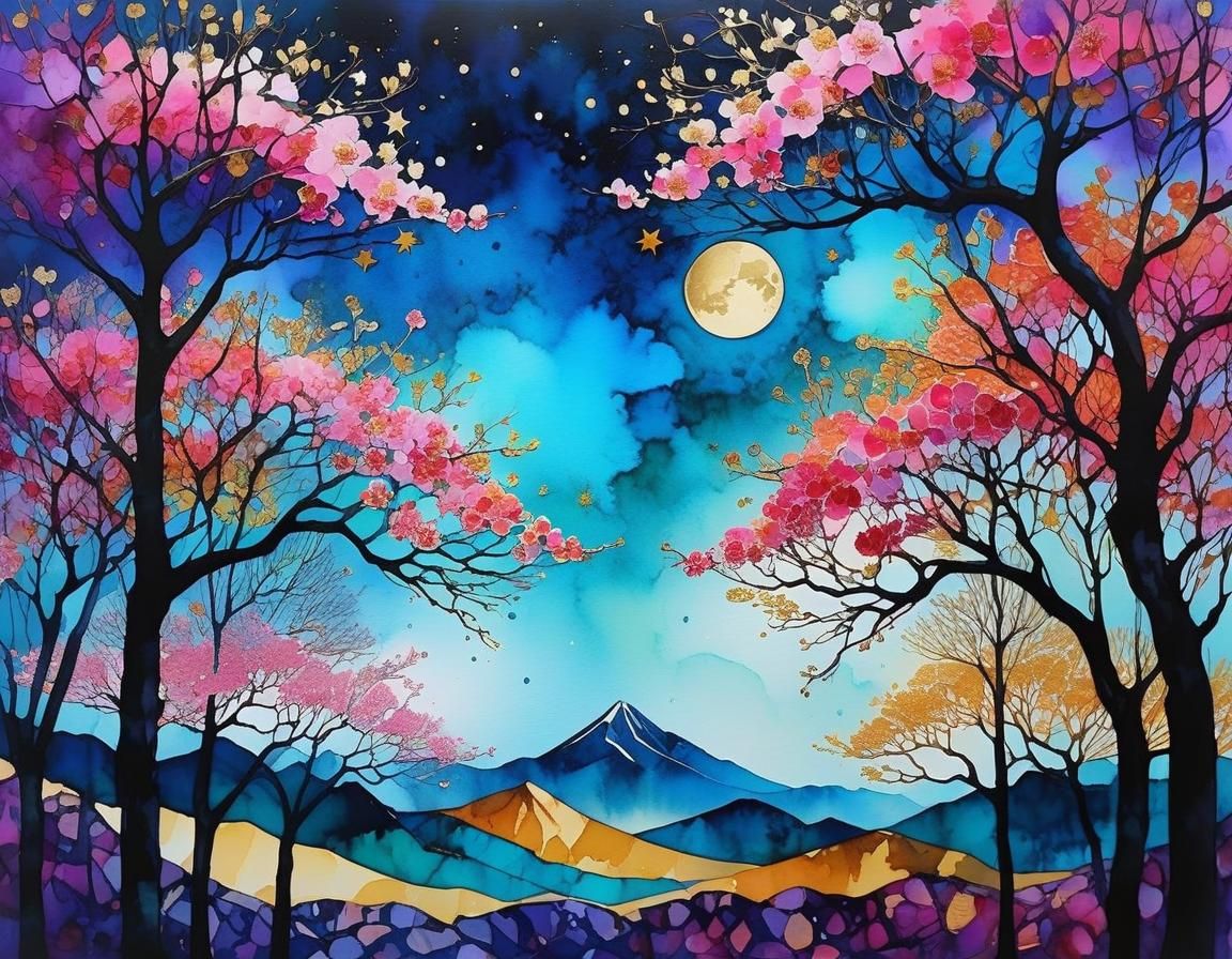 Sakura Trees under the Moon in Watercolor Style