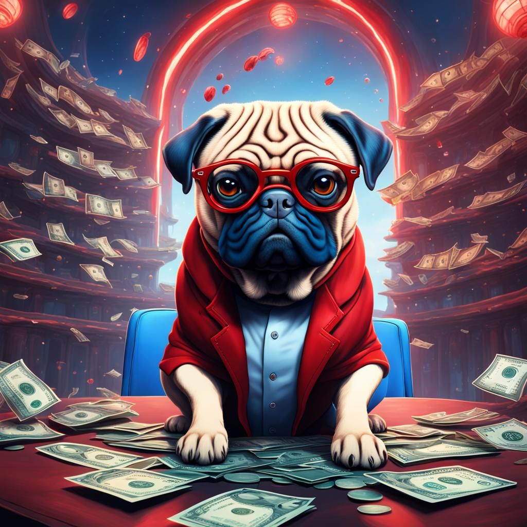 Pug with Money Glasses: Detailed Matte Painting