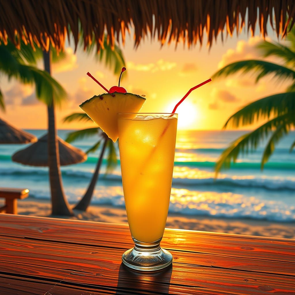 Tropical Sunset Beachside Cocktail in Gauguin-Inspired Color...
