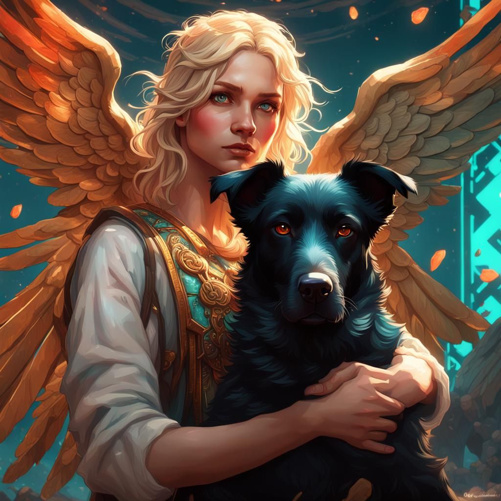 Angel and Dog Digital Art in Orange and Teal