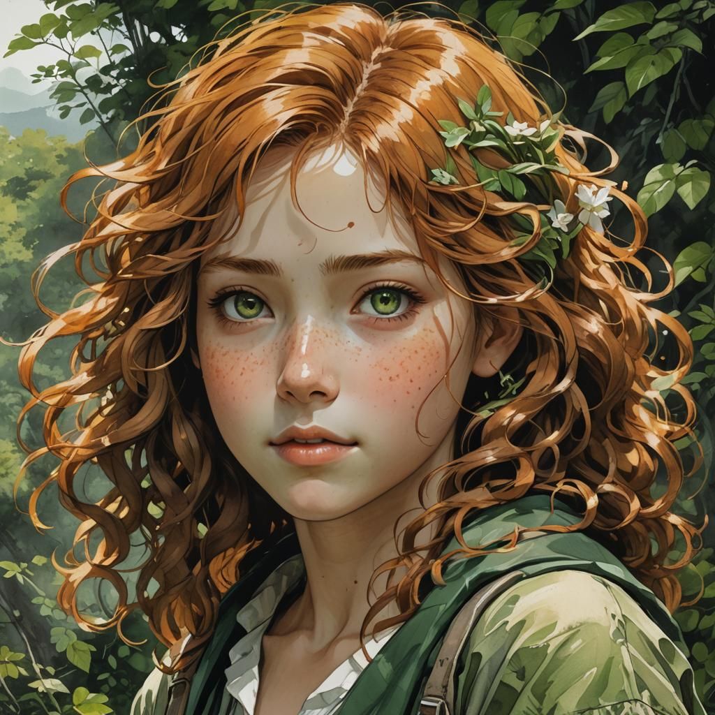 Smiling Woman with Orange Hair in Watercolor Style