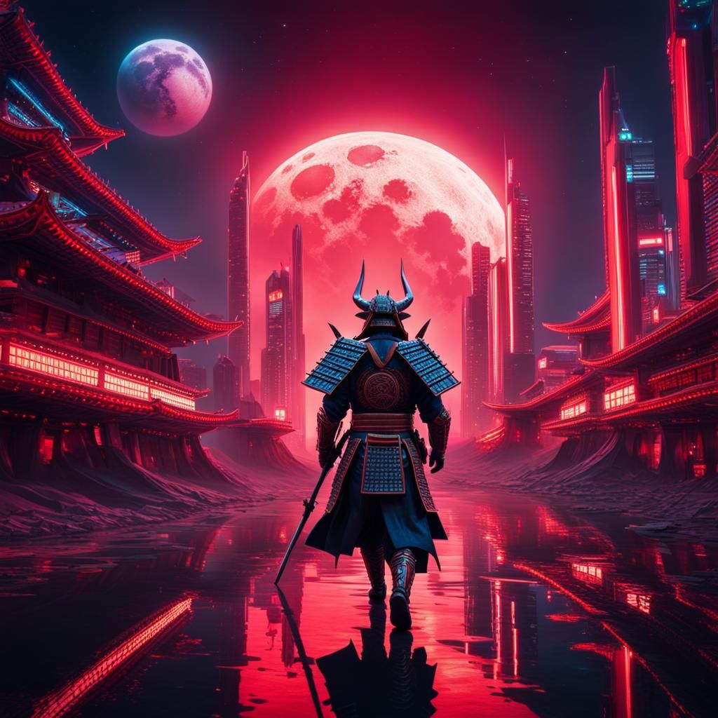 Samurai with Oni Mask on Moon in Cyberpunk City