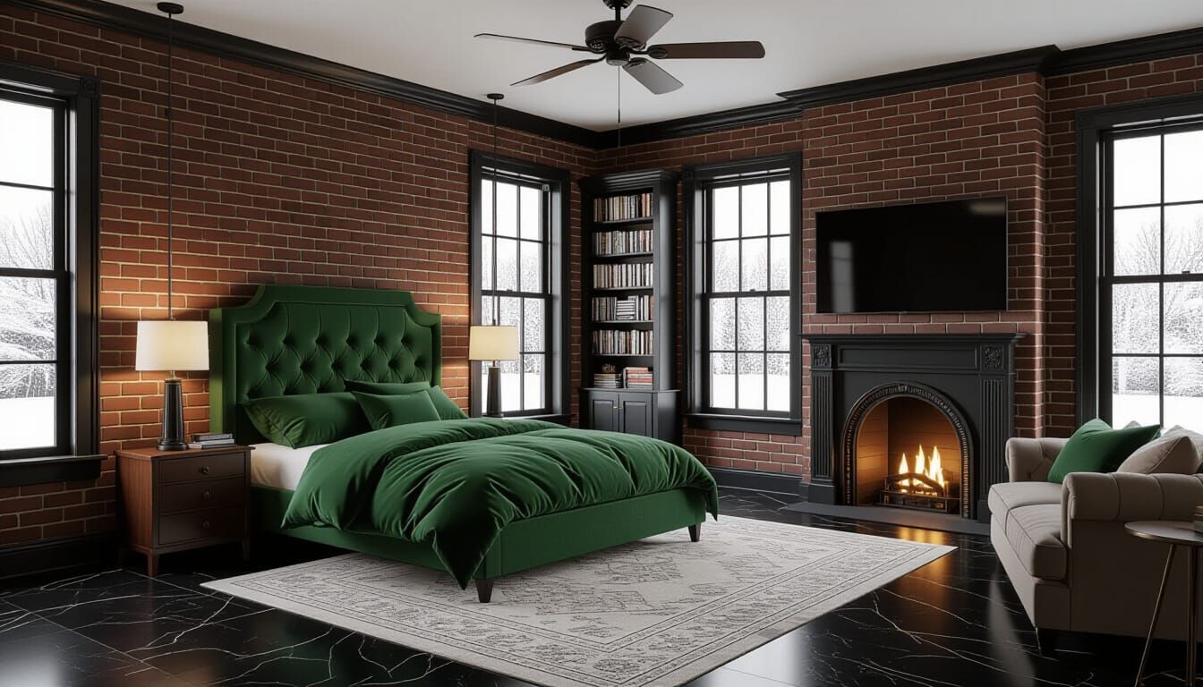 Victorian Bedroom with Snowy Landscape in Oil Painting Style