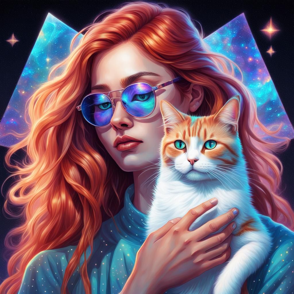 Girl and Cat: Holographic Cosmic Illustration