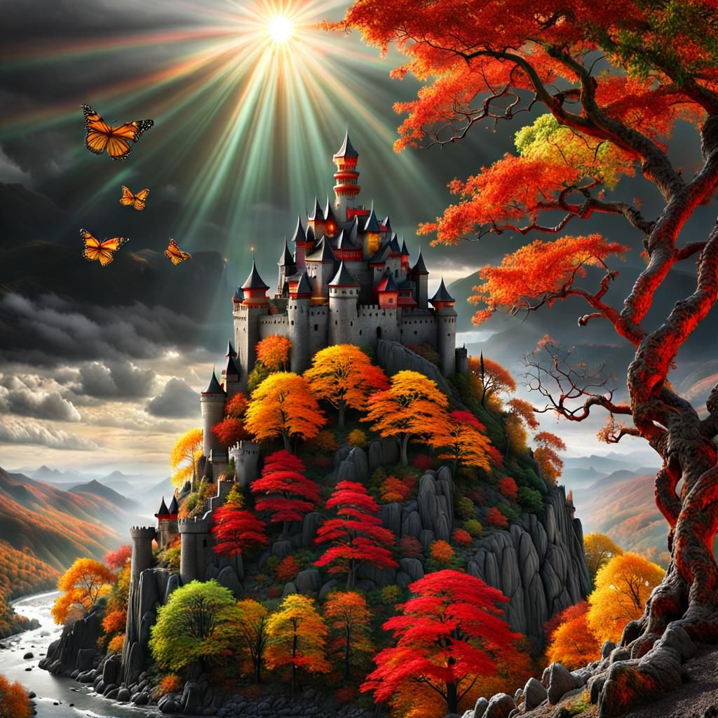 Epic World Tree Castle in Autumn Landscape