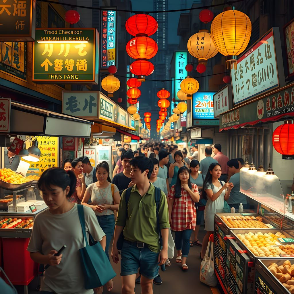Vibrant Night Market Under Neon Lights