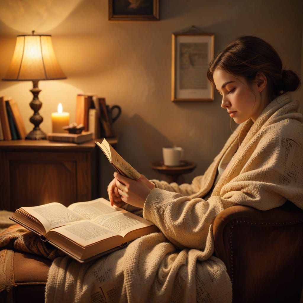 Cozy Reading Nook Oil Painting with Warm Golden Light