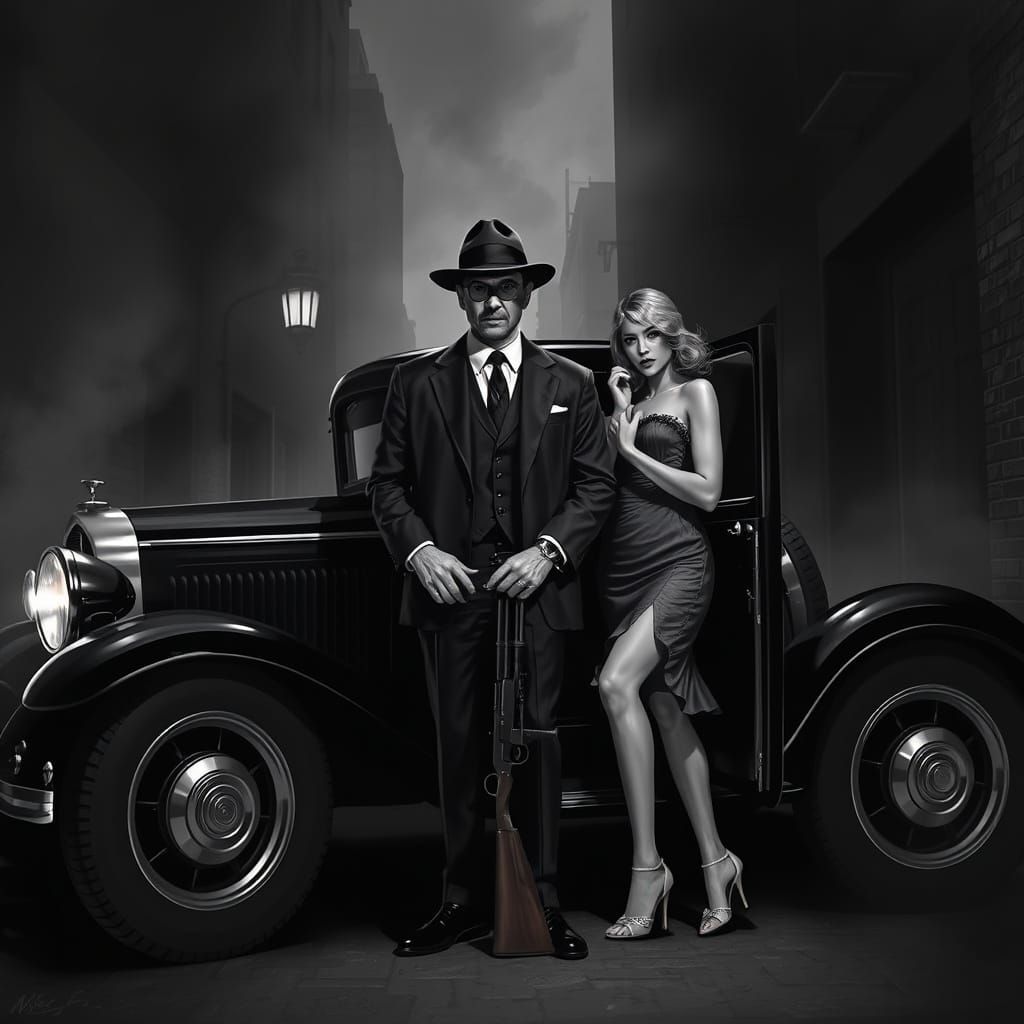Gangster Boss Stands with Flapper Girl in Dark Chicago Alley