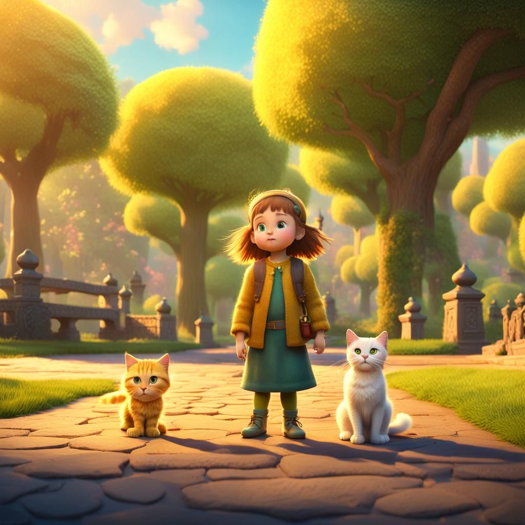 Celtic Girl and Cat in Shamrock Park: 3D Art