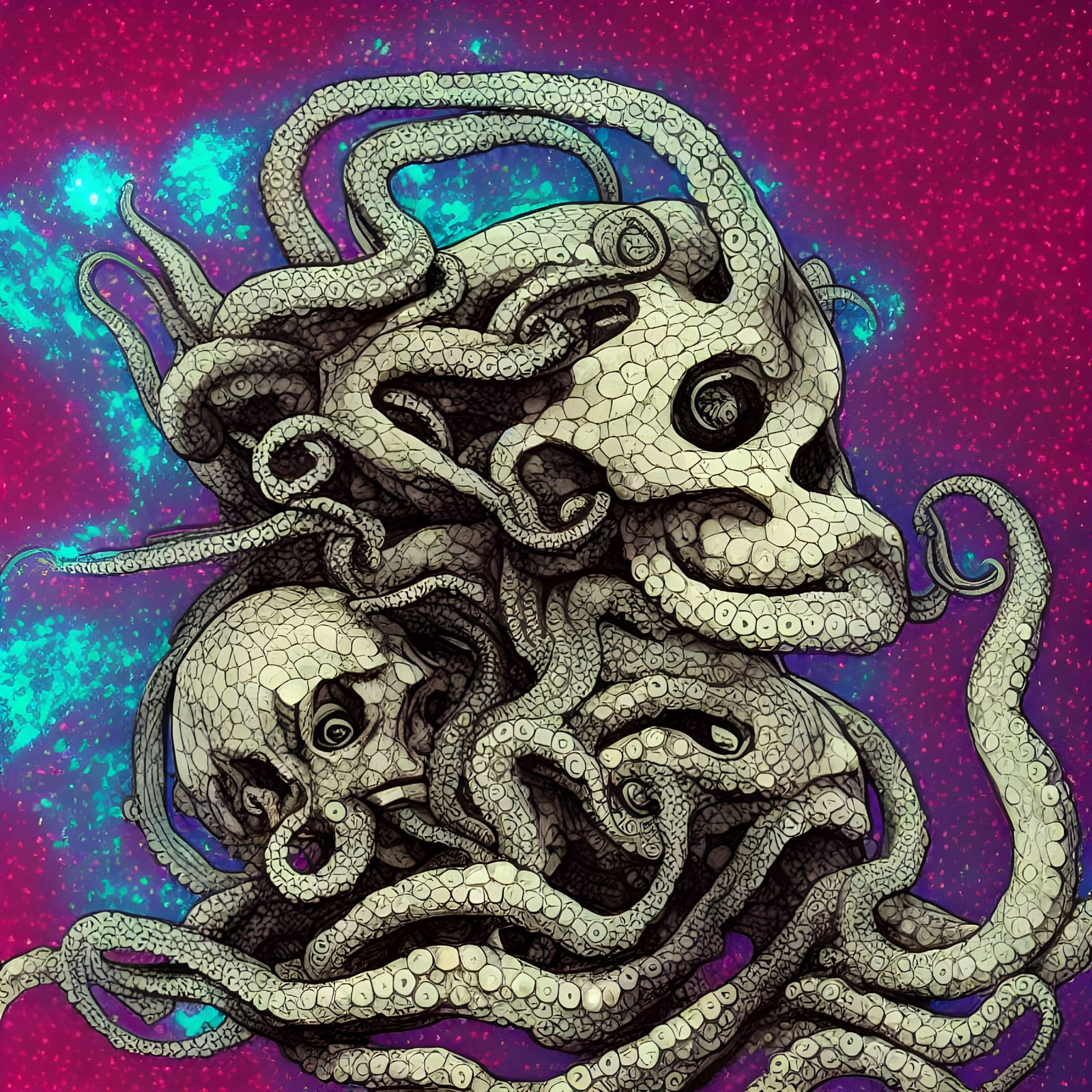 Holographic Octopus on Skull Astral Illustration