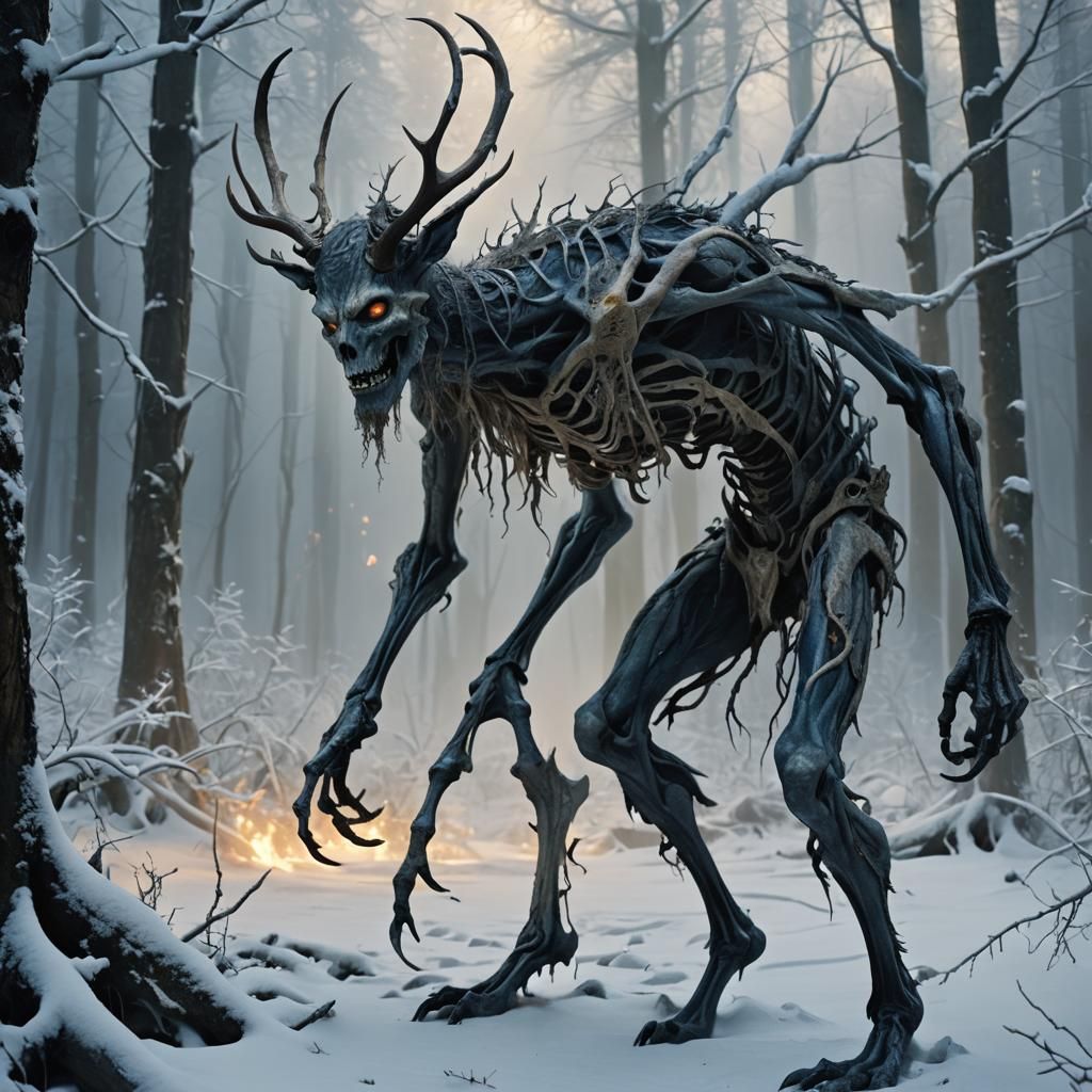 Eerie Wendigo in Snow Forest as Dark Fantasy Art