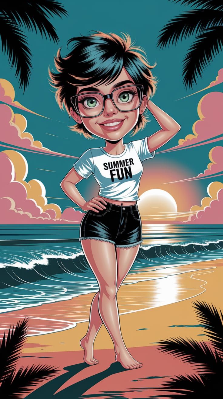 Joyful Woman on Beach in Cartoon Style