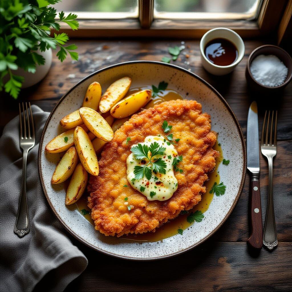 Golden Brown Wiener Schnitzel with Potato Wedges